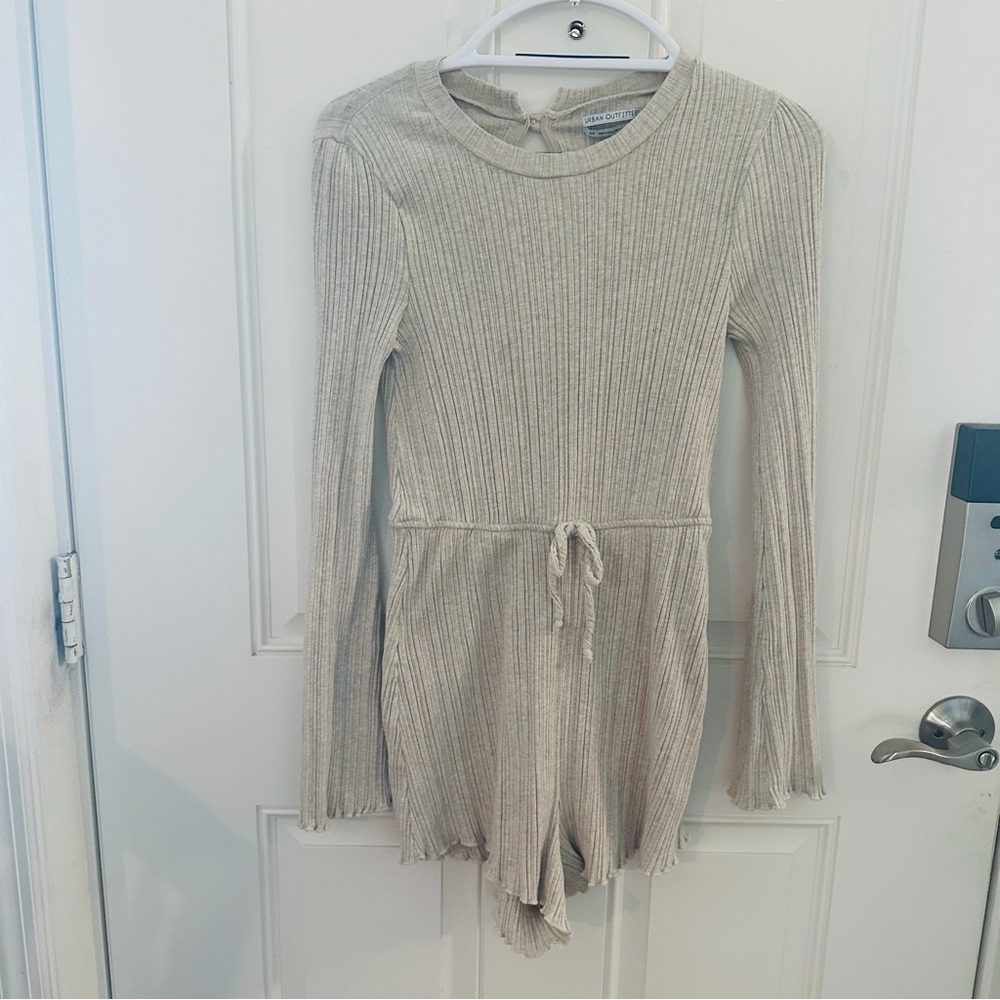 Urban Outfitters Romper S | Beige Ribbed Tie Waist Long Bell Sleeve Knit
